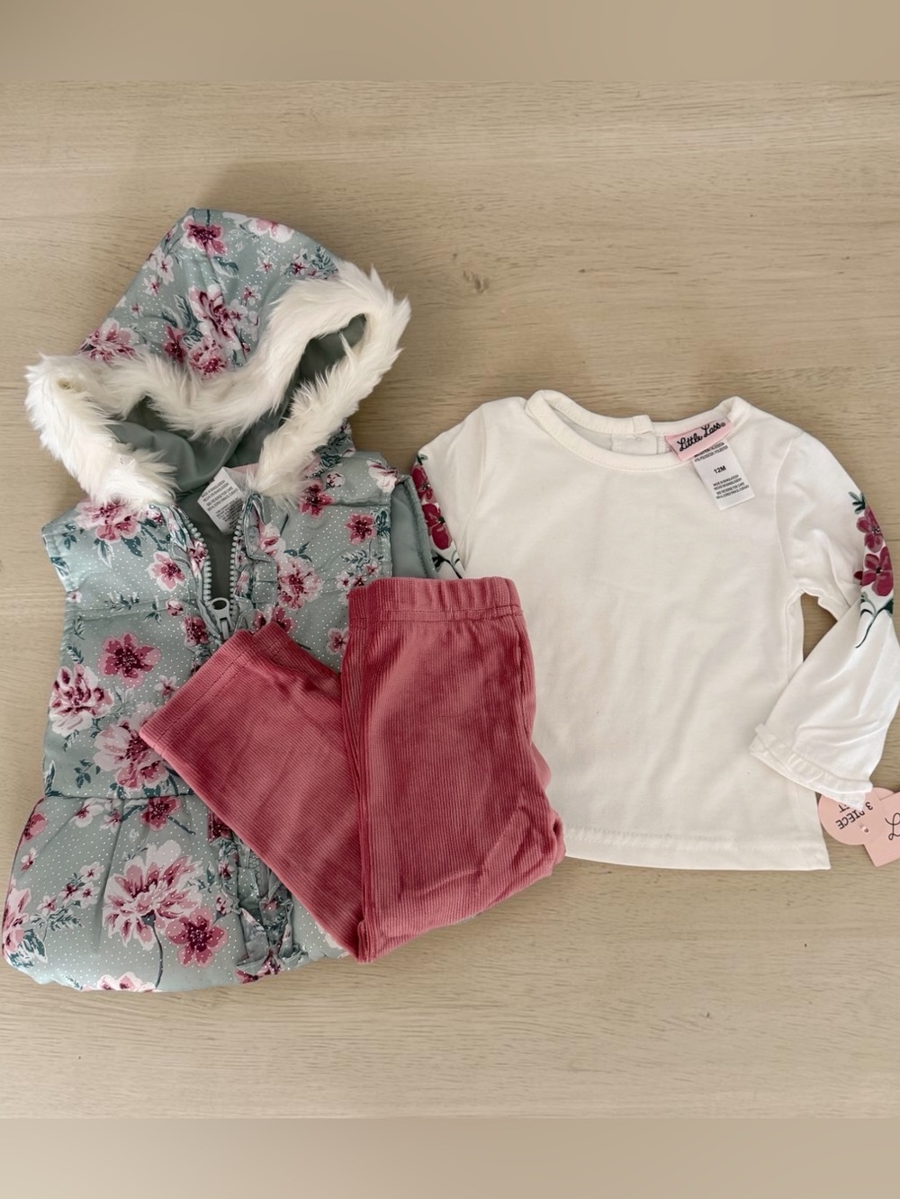 Little Lass 3Pc Floral Hooded Puffer Vest Set with Pink Leggings 12 Months NWT - Picture 2 of 9